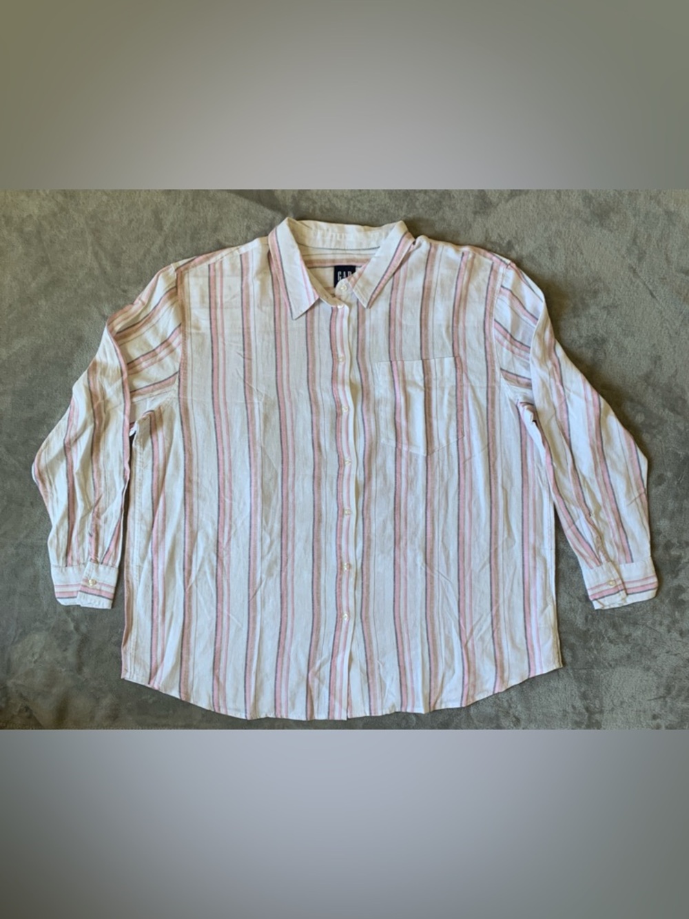 GAP Linen Blend Pink and White Striped Casual Button-Down Shirt